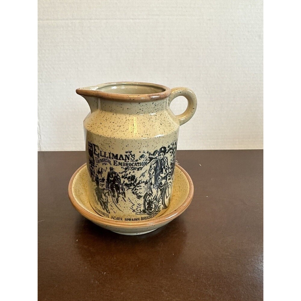 Vintage Advertising Pitcher w/ tray Elliman's Stiffness Aches Sprains Bruises